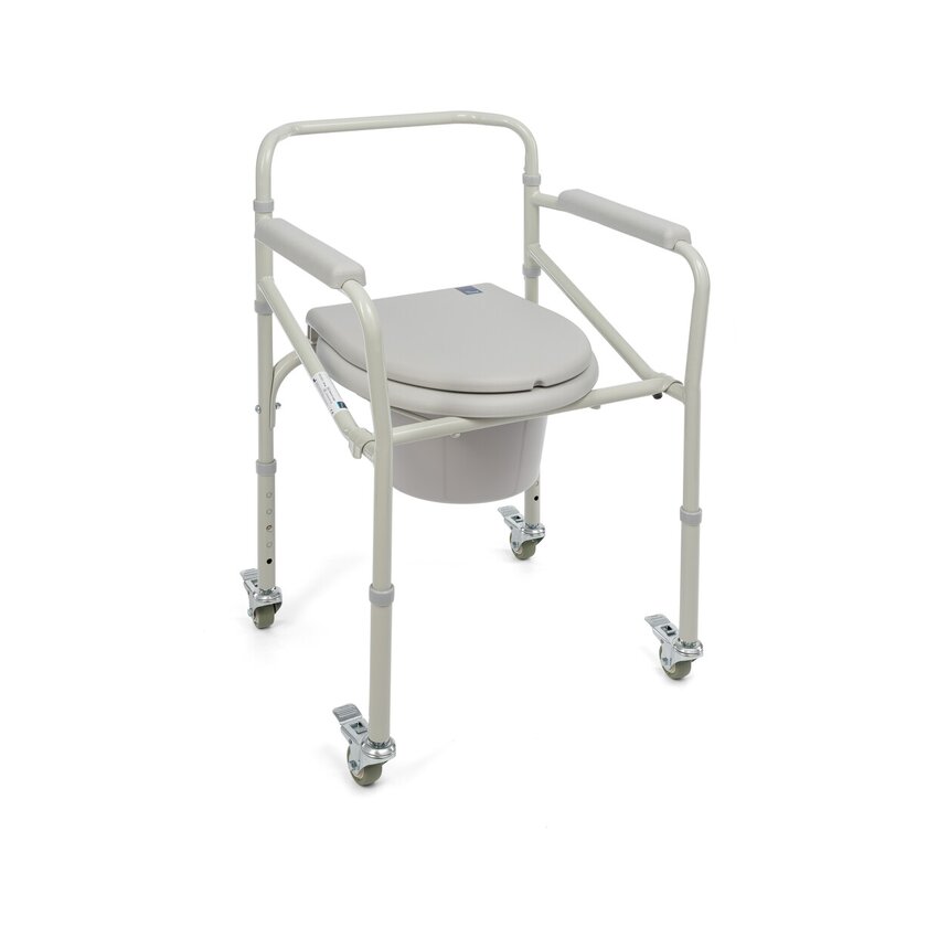 Klappbarer Duschstuhl mit Toilettenfunktion – Räder mit Bremse